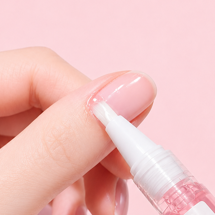 Close-up of Rivahna Cuticle Oil Pen being applied to the cuticle of a natural nail, showing precise brush application and lightweight dry oil care for healthy-looking nails and cuticles.