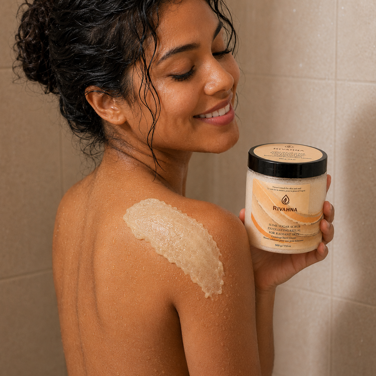 Rivahna Vanilla Cream Slime Sugar Scrub texture showing a smooth, glossy, creamy sugar exfoliant with fine sugar crystals and a moisturizing whipped finish.