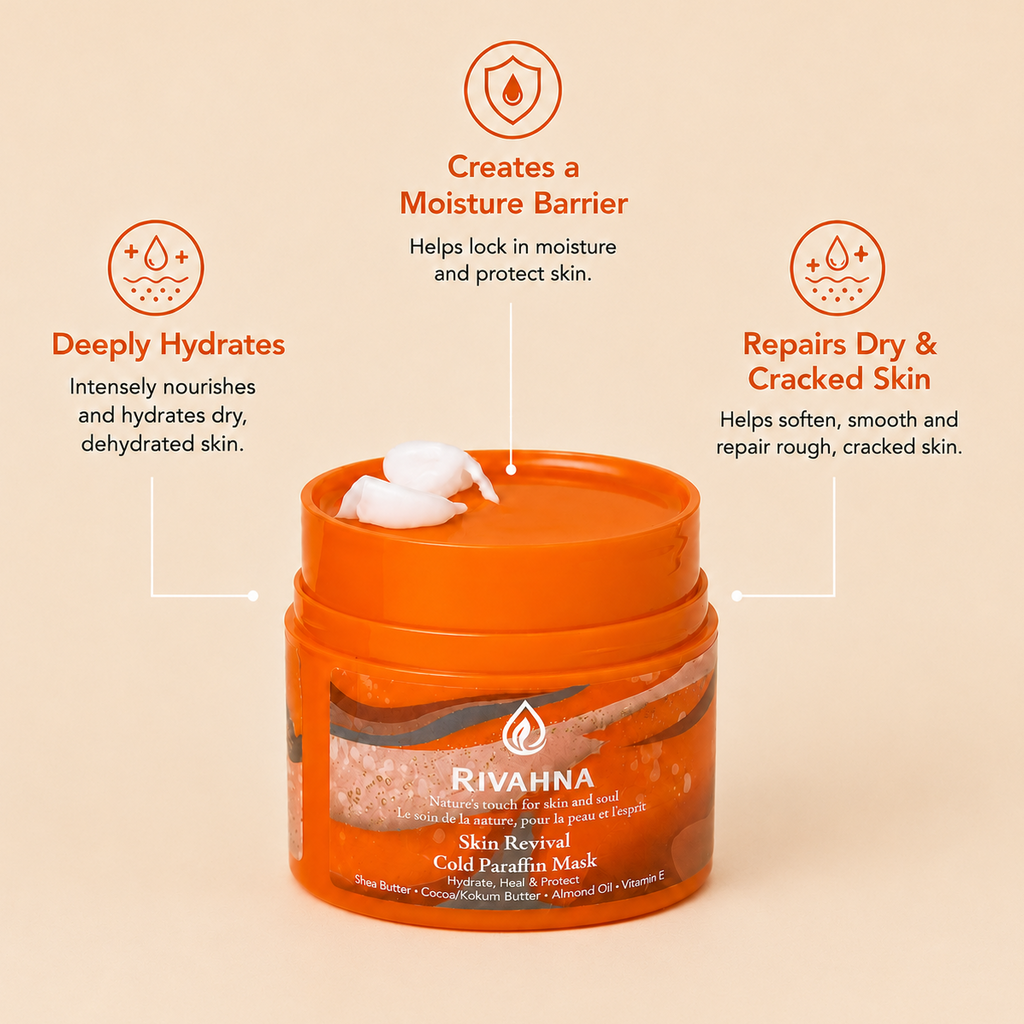Rivahna Cold Paraffin Mask highlighting key benefits including deep hydration, moisture barrier protection, and repair of dry cracked skin.
