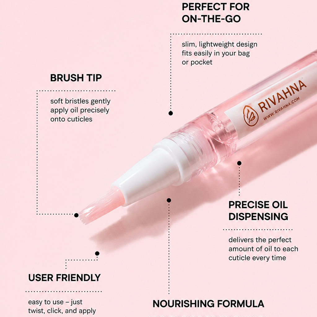 Rivahna Cuticle Oil Pen showing key features including brush tip applicator, precise oil dispensing, lightweight travel-friendly design, and nourishing dry oil formula for healthy-looking nails and cuticles.