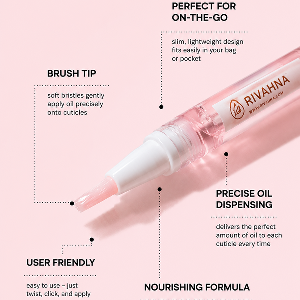 Rivahna Cuticle Oil Pen showing key features including brush tip applicator, precise oil dispensing, lightweight travel-friendly design, and nourishing dry oil formula for healthy-looking nails and cuticles.