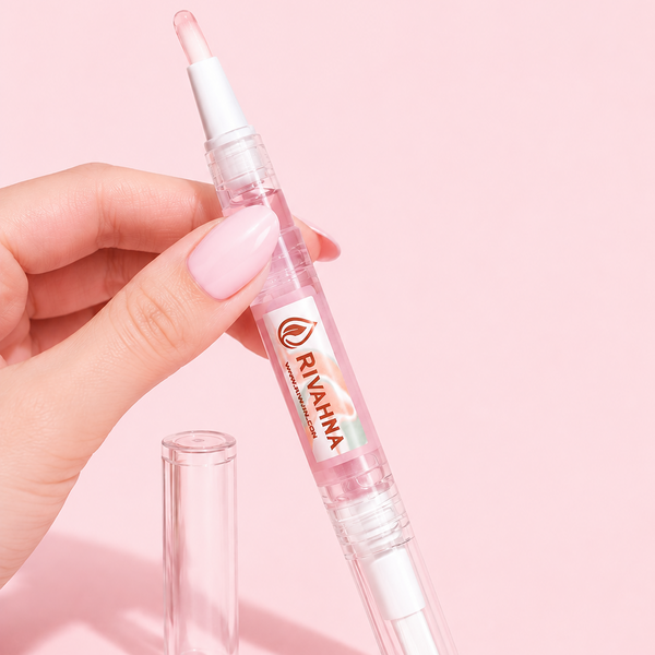 Rivahna cuticle oil pen with light pink oil held by a hand with soft pink manicure on a pastel pink background