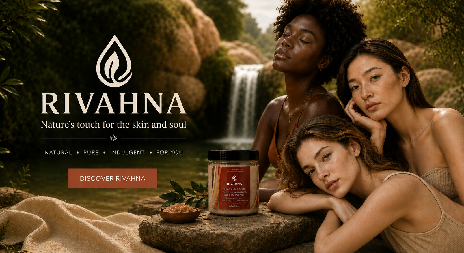 Rivahna luxury natural skincare banner featuring three women in a serene spa-inspired waterfall setting with Rivahna Slime Sugar Scrub exfoliating ritual product. Botanical self-care beauty campaign focused on radiant skin, relaxation, natural ingredients, and premium spa-at-home skincare.
Designed for radiant skin, calmed senses, and the kind of self-care that feels like coming home.