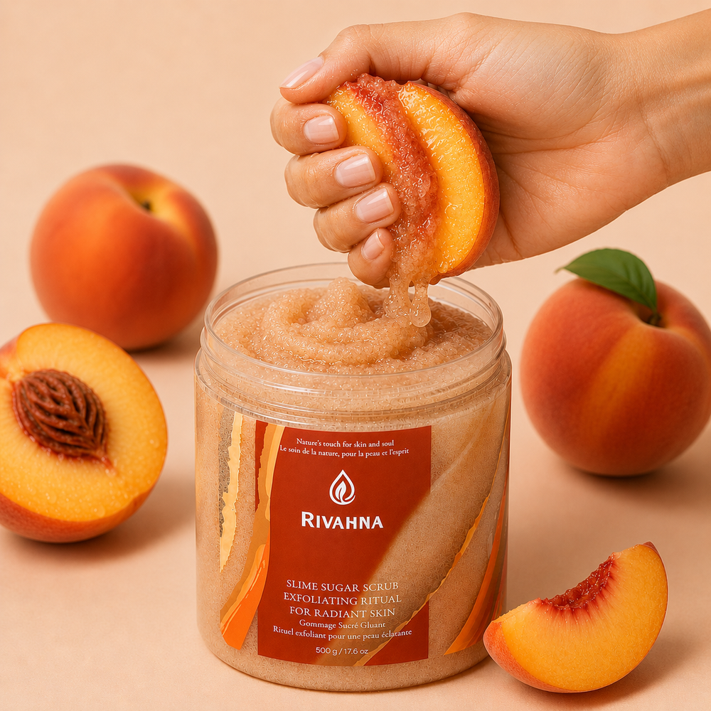 Hand squeezing a fresh peach coated with Rivahna Peach Glow Slime Sugar Scrub above an open jar of exfoliating body scrub, showcasing the unique stretchy slime texture and peach-inspired skincare ritual for soft, glowing skin.