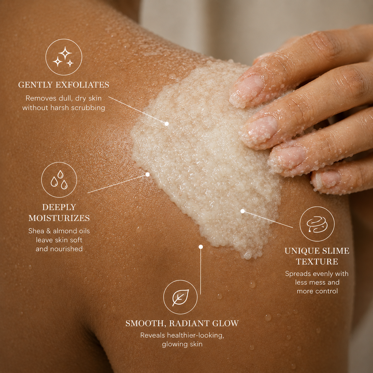 Rivahna Slime Sugar Scrub texture applied to skin, highlighting gentle exfoliation, moisturizing oils, smooth radiant skin, and unique slime scrub technology for sensitive skin.