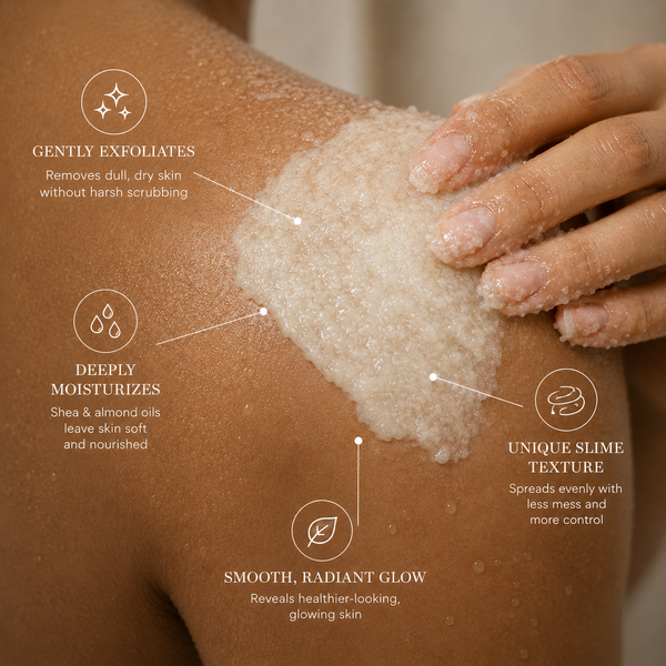 Rivahna Slime Sugar Scrub texture applied to skin, highlighting gentle exfoliation, moisturizing oils, smooth radiant skin, and unique slime scrub technology for sensitive skin.