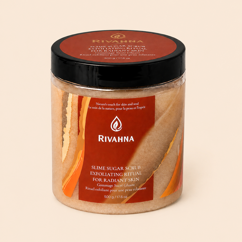 Rivahna Peach Glow slime sugar scrub exfoliating ritual for radiant skin, hydrating spa-grade body scrub in 500g jar