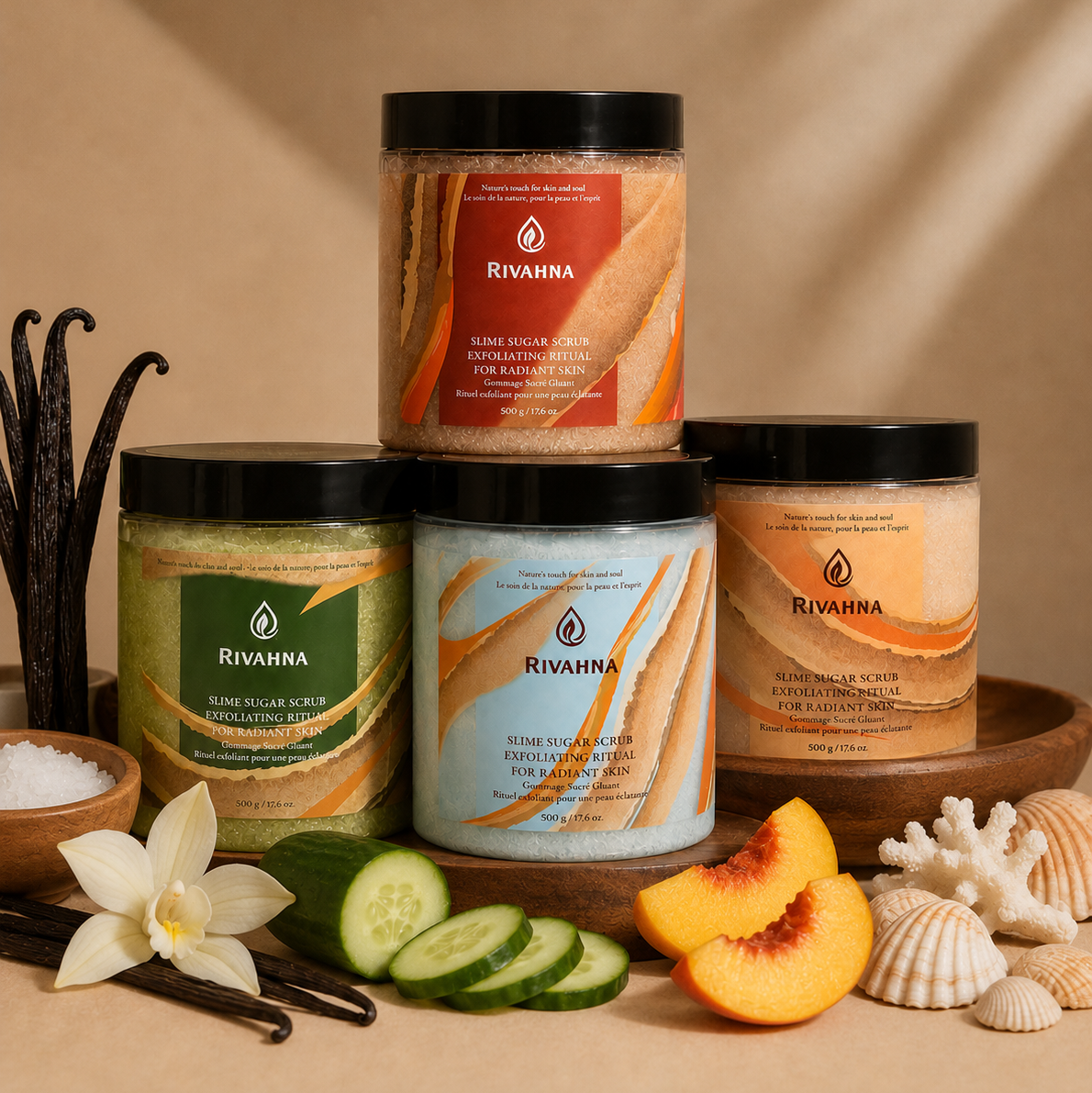 Rivahna Slime Sugar Scrub collection featuring Vanilla Cream, Cucumber Dew, Peach Glow, and Ocean Air scents with vanilla pods, cucumber slices, peach wedges, sea salt, and seashells