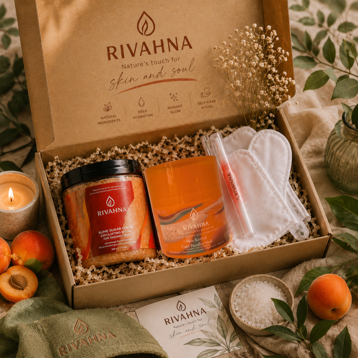 Luxury Rivahna self-care gift set featuring Cold Paraffin Mask, Slime Sugar Scrub, Cuticle Oil Pen, spa gloves and socks in an elegant kraft gift box with apricots, bath salts and botanical décor.