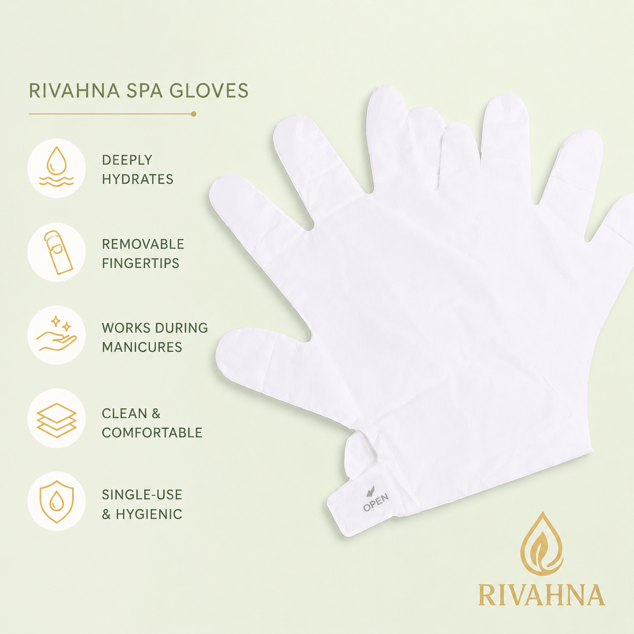 Close-up of Rivahna Spa Gloves showing removable fingertip design for easy nail access during paraffin treatments and manicures.
