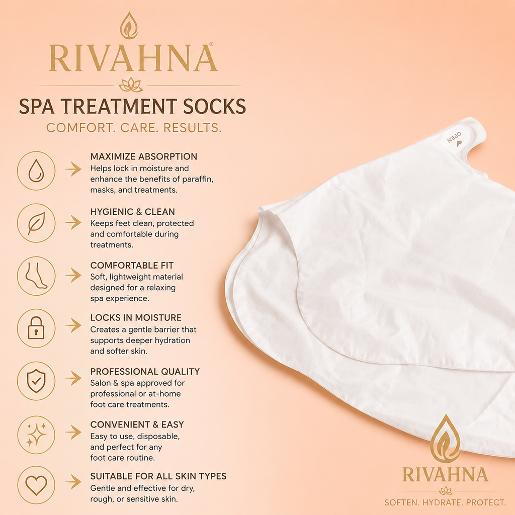 Rivahna Spa Treatment Socks on a soft peach background with illustrated benefits including moisture retention, enhanced absorption, comfort, hygiene, and professional foot care support for paraffin and hydration treatments.