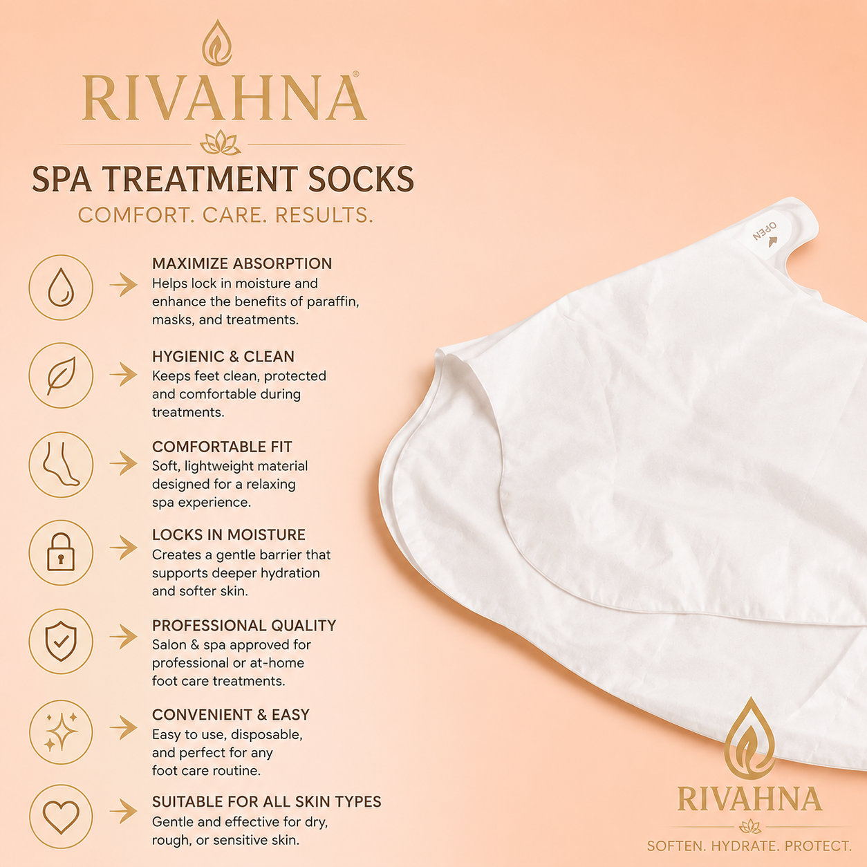 Rivahna Spa Treatment Socks on a soft peach background with illustrated benefits including moisture retention, enhanced absorption, comfort, hygiene, and professional foot care support for paraffin and hydration treatments.